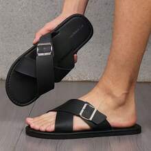 Black Slippers, Comfortable One-Strap Flat Slouchy Sandals, Versatile Men's Beach Slippers - Black - View 2