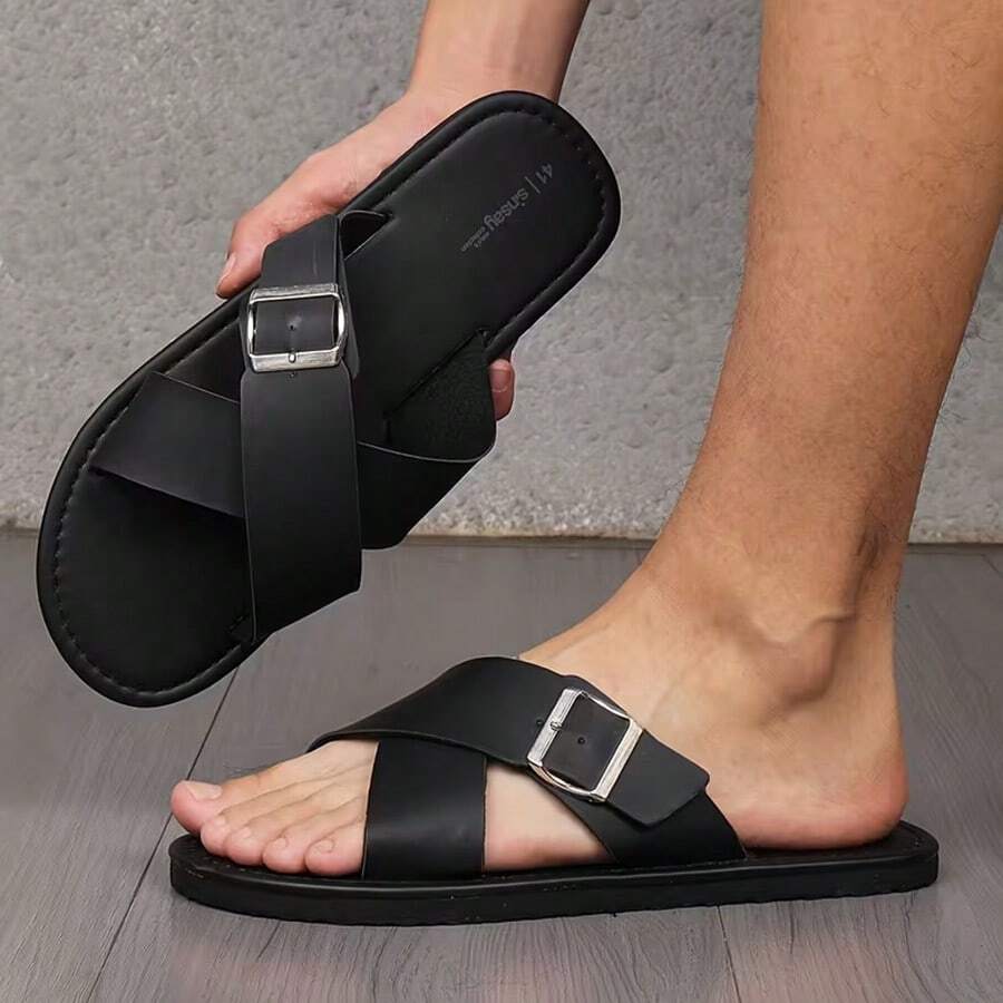 Black Slippers, Comfortable Strap Flat Slouchy Sandals, Versatile Men's Beach Slippers - Black - View 1