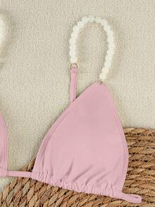 Bộ bikini hai mảnh gợi cảm màu hồng nhạt đính hạt cườm, dây đeo vai trang trí hoa văn, phong cách nghỉ dưỡng tươi mát, thích hợp cho mùa hè, xuân hè 2026, hoàn hảo cho các chuyến đi biển, kỳ nghỉ hè, trang phục sinh nhật, đồ tập thể dục, vẻ ngoài thanh lịch hàng ngày và đồ đi chơi. - Hồng - Xem 5