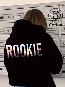 ROOKIE' Unique Letter Print Hoodie, Warm For Autumn/Winter - Black - View 2