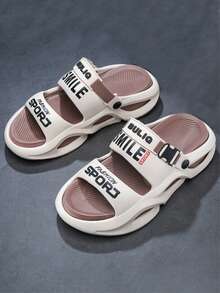 Men's New Summer Letter Print Anti-Slip Casual Slippers, EVA Lace-Up Hollow Out House Slippers - Coffee Brown - View 3