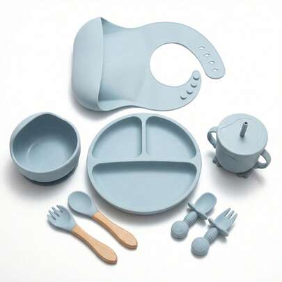 Set Alimentación Bebé Silicona 8 Pzs Plato Antideslizante Babero