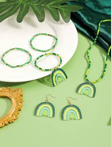 Conjunto de joyas hechas a mano para el Día de San Patricio, accesorios casuales para fiestas con arcoíris de acrílico y trébol de dibujos animados - Multicolor - Ver 5