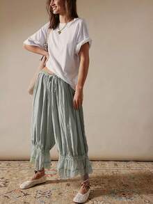 Women Lace Trim Long Bloomers Elastic Mid Rise Ruffle Pantaloons Cropped Flared Slips Pants Loungewear Summer Pettipants Capri Bottoms - Màu xanh Bạc hà - Xem 2