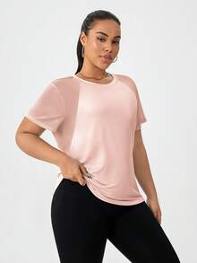 T-shirt à manches courtes pour femmes grandes tailles, en maille texturée avec panneau, pour le yoga, la rue, la course, les exercices d'extérieur, les sports d'été - Rose pâle - Voir 6