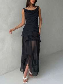 Faeriesty 黑色无袖高领雪纺连衣裙，层叠荷叶边下摆，收腰设计，不对称飘逸裙摆——优雅复古性感风格，是周末早午餐、浪漫约会、艺术画廊开幕式、城市漫步和夏季郊游的理想之选（不含腰带）