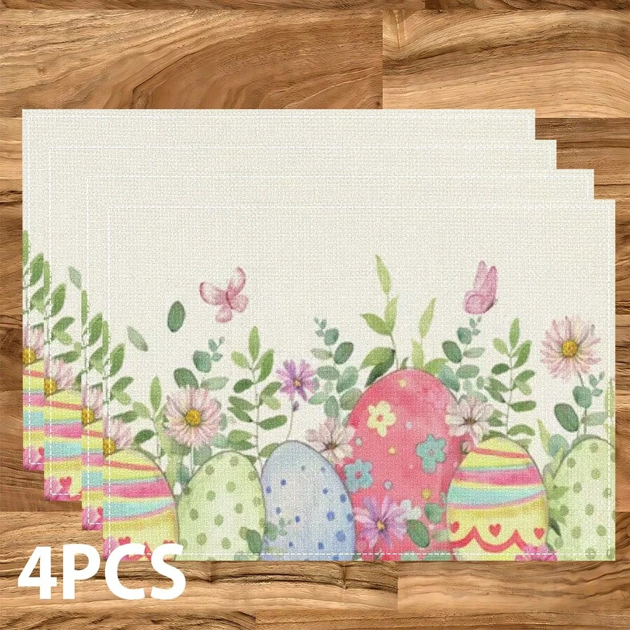 1/4/6 Pcs Easter Egg Bunny Pattern Placemats, Linen Table Mats With Colorful Egg Rabbit Design, Washable Printed Tabletop Protector, Ideal Decoration For Holiday Kitchen And Family Gatherings - Multicolor - View 1