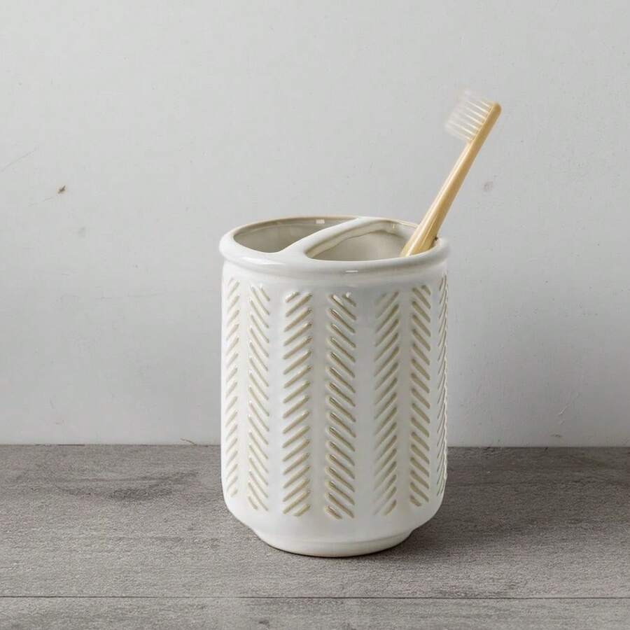 Elegant White Ceramic Toothbrush Stand With Reactive Glaze Finish - Multicolor - View 1