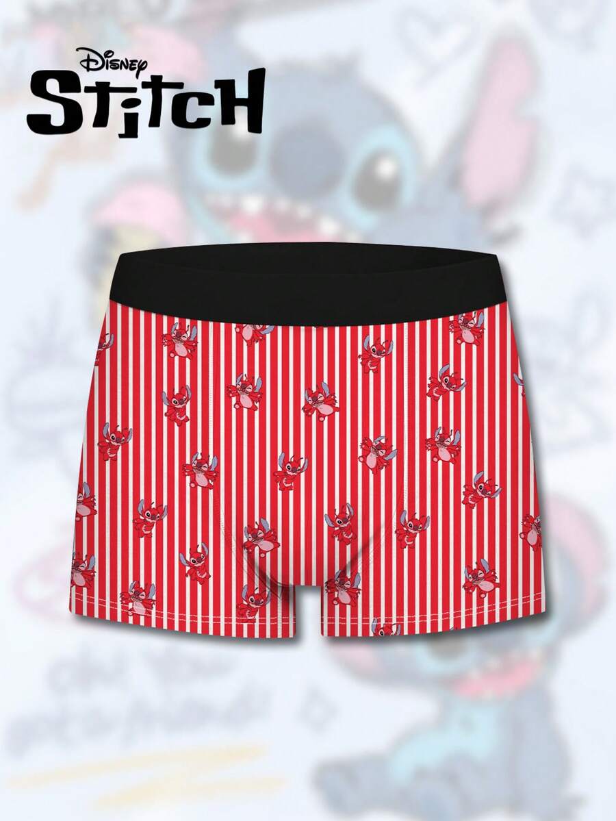 Disney 迪士尼红色条纹史迪奇3D印花男士平角内裤，时尚设计，适合日常穿着和居家休闲。