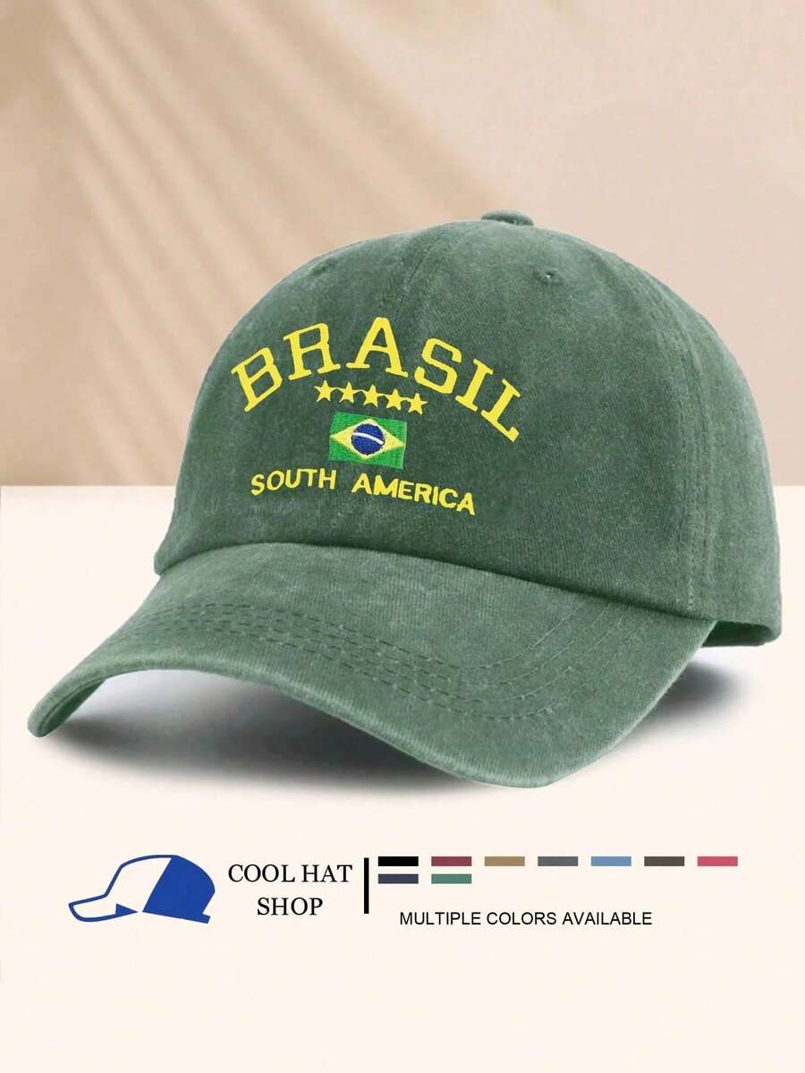 ✨1pc Vintage Washed Brazil Star Print Summer Sun Protection Baseball Cap, Retro Hipster Hip-Hop Curved Brim Hat, Adjustable Unisex Sun Visor Cap - Baseball Caps, Beanies, Sun Hats, Bucket Hats, Cool Hats, Headwear, Stylish Hats, Fashion Hats, Everyday Hats, Von Dutchs, Nyxx Hat, Hats For Women, Gorras Para Mujer, Valentine's Day - Nhiều màu - Xem 1