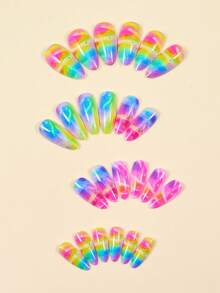 24片彩色扎染亚克力按压式美甲贴片，杏仁形，包含1片果冻胶和1个指甲锉，适合女性和女孩日常、节日和派对使用。 - 彩色 - 查看 3