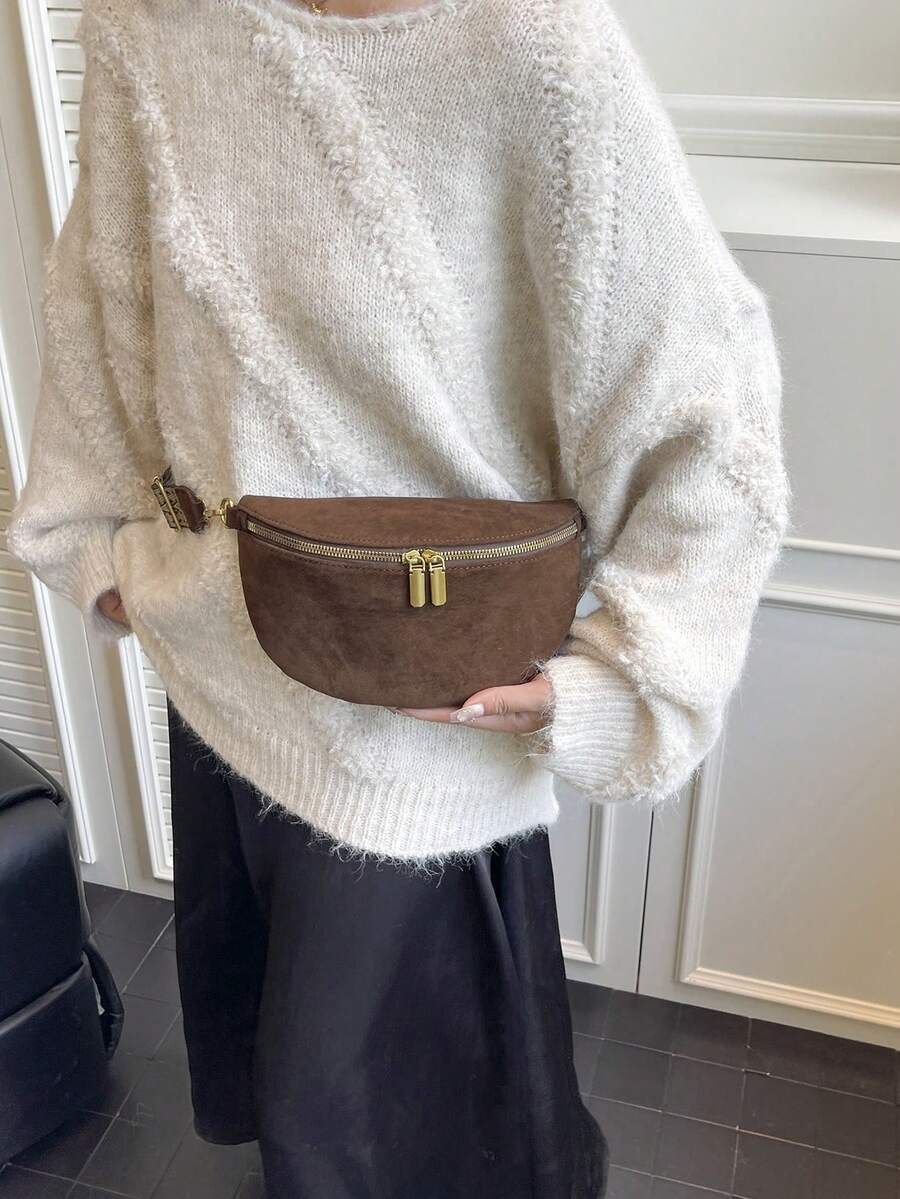 Bolso de cintura de ante sintético de invierno, bolso de pecho de moda para mujer, bolso de correa simple, bolso de cintura de diseñador, bolso bandolera cruzado femenino - Marrón - Ver 1