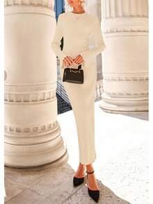2026 Women's Fall Winter Bell Sleeve Crew Neck Ribbed Knit Bodycon Sweater Maxi Dress - Beige - View 5