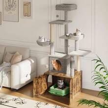 Árbol para gatos con caja de arena, casa de juegos grande y alta de varios niveles con moderno condominio, hamaca espaciosa, cómoda percha superior, postes de sisal y bolas colgantes, muebles de madera para gatos de interior, color marrón. - Marrón - Ver 8