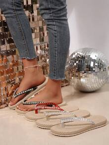 女士珍珠装饰人字拖，厚底夏季拖鞋，度假风沙滩人字拖，休闲编织绳底凉拖，亮片拖鞋 - 紅色 - 查看 8