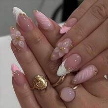 3D Pink Press On Nails Almond - Medium French Tip Nails With Embossed FlowerGold Bead Designs, Glossy Reusable False Nails With Glue Tabs - 24Pcs Nail Kit Women Manicure - 粉紅法式尖頭花 - 查看 1
