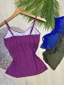 Set Of 3 Polka Dot Tank Tops With Built-In Bra Cups, Made Of Pretty Viscose/Lycra Fabric. - Purple + Sky Blue + Army Green - View 3