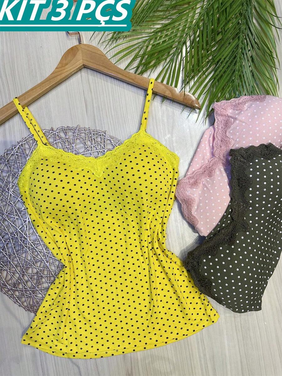 Set Of 3 Polka Dot Tank Tops With Built-In Bra Cups, Made Of Pretty Viscose/Lycra Fabric. - Yellow + Light Pink + Military Green - View 1
