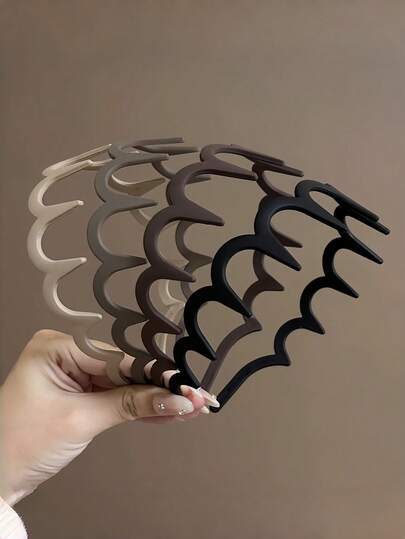 4pcs Women's Solid Color Matte Wavy Headbands, Non-Slip Textured Headbands With Teeth Comb, Suitable For Women's Daily Use Hairband Hair Hoop