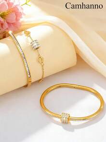 Camhanno 3pcs Simple And Fashionable Stainless Steel Bracelet, Women's Bracelet With High Quality And Temperament Gold Tone Bracelet, Versatile Daily Handpiece - Multicolor - View 9