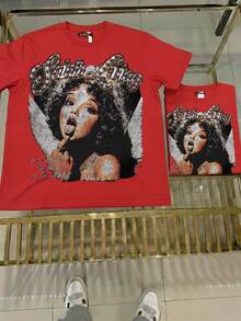 Saint Livin' Angelic Woman Tee, (Cotton T-Shirt) Men's Round Neck Short-Sleeved Cotton Casual T-Shirt, Loose Style, Versatile, Unisex, Suitable For Holiday Travel! Graphic Tees Shirts Men Clothes  Jersey - 紅色 - 查看 1