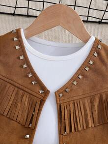3pcs Girls Western Cowgirl Style Set, Long Sleeve T-Shirt + Fringed Studded Vest + Studded Pleated Skirt, Suitable For Party, Performance, Casual, Holiday, Daily Wear - Camel - View 5