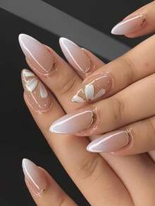 24片中号杏仁形亚克力美甲贴片，渐变色，饰以金色花朵，简约Y2K风格，表面光滑，全覆盖，适合女性和女孩日常佩戴。 - 彩色 - 查看 1