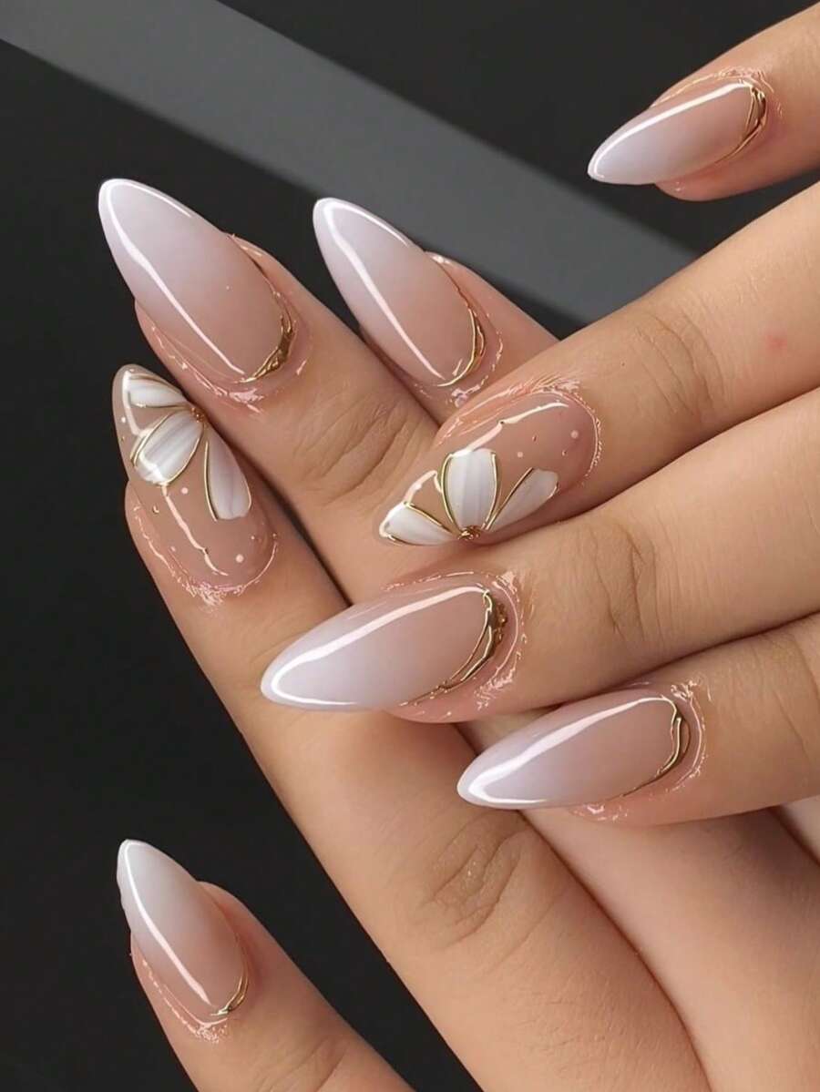 24片中号杏仁形亚克力美甲贴片，渐变色，饰以金色花朵，简约Y2K风格，表面光滑，全覆盖，适合女性和女孩日常佩戴。 - 彩色 - 查看 1