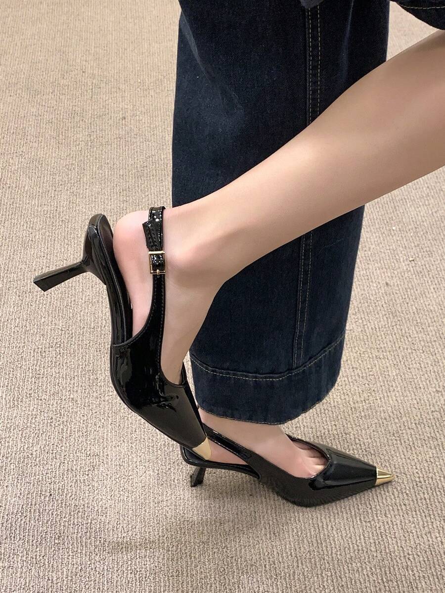2025新款金属拼接法式细高跟尖头露跟高跟鞋，华丽黑色高跟鞋，女士高跟凉鞋 - 黑色 - 查看 1