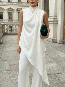 白色高领不对称上衣和阔腿裤套装，优雅的办公室和活动着装 - 白色 - 查看 2