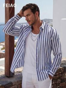 FEIAO Men's Vintage Banknote Striped Casual Long Sleeve Shirt, Versatile Style For All Seasons - Blue and White - View 6