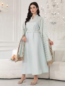 2026 New Style Ramadan Traditional Elegant Embroidered Arabic Women's Dress With Tassel Cuffs, Small Stand Collar And V-Neck, Fashion Luxury Creative - Green - View 6