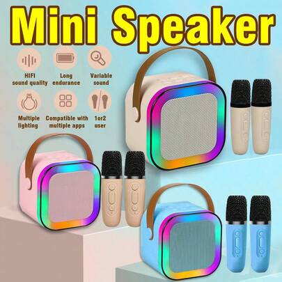 一套无线麦克风及音频一体式家用KTV系统，便携式迷你卡拉OK音箱，带卡槽，适合家庭/户外使用，青少年手持唱歌麦克风，可调节音量腰带，轻巧便携，是送给女朋友/朋友的减压礼物