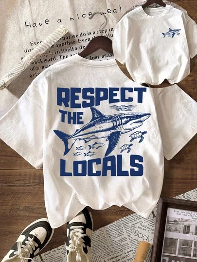 女士加大码休闲鲨鱼印花圆领短袖T恤，夏季沙滩装