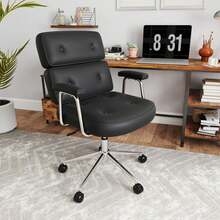 COSTWAY Office Chair, PU Leather Upholstered Desk Chair With Button Tufted Back & Padded Armrests, Height Adjustable Swivel Chair With Rocking Function & Rolling Wheels For Home Office, Black - Black - View 5