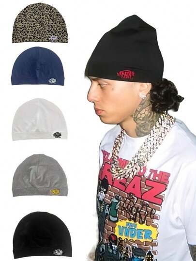 1pc Solid Color Casual Nylon Knitted Embroidered Beanie Hat, Windproof Warm Streetwear, Autumn/Winter