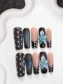 10片装新款彩色美甲套装，亚克力压制甲片，手工五瓣渐变蓝色花朵美甲配件，蓝色波点美甲装饰，蓝色渐变设计，卡其色指甲油手工压制甲片 - 彩色 - 查看 13
