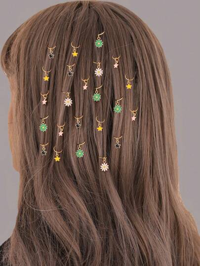 25件套DIY饰品配件 - 锌合金脏辫发圈，油滴五芒星菊花吊坠发绳，适合女性，节日、派对、约会等场合