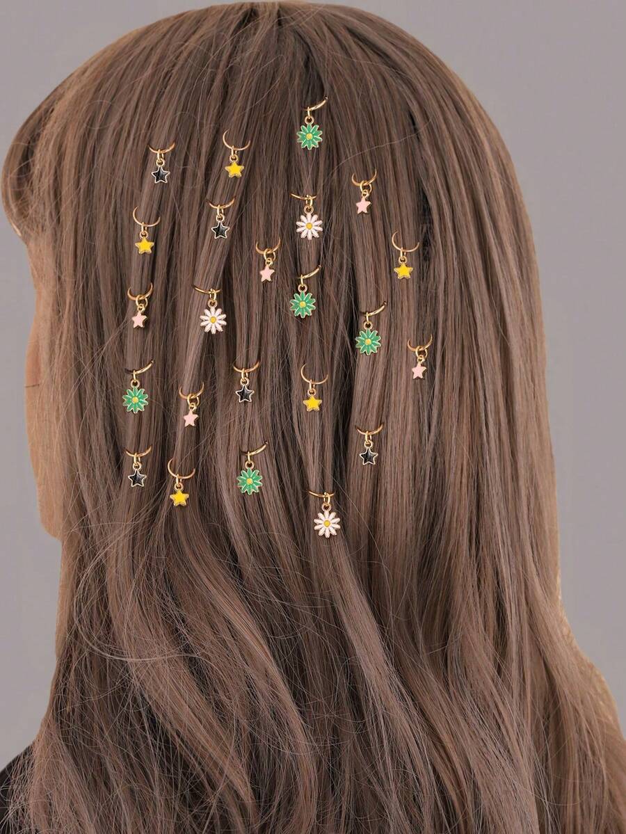 25件套DIY饰品配件 - 锌合金脏辫发圈，油滴五芒星菊花吊坠发绳，适合女性，节日、派对、约会等场合 - 彩色 - 查看 1