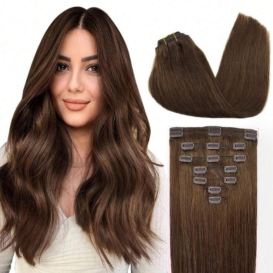 4# Bworn Clip In Hair Extensions Human Hair 8 Pcs Per Set With 18 Clips Double Weft Natural Black Remy Human Hair Extensions Clip Ins For Women Natural Human Hair Clip In Brazilian Human Hair Extensions