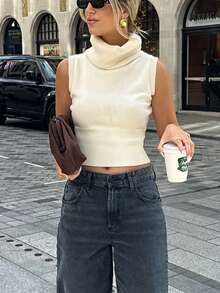 Women's Elegant Sleeveless High Neck Cropped Top, Ribbed Knit Stretchy Vest - Apricot - View 5