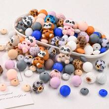 34pcs 3D Cartoon Sloth Silicone Bead Combo Set, Silicone Round Beads, Flat Beads, Plush Leopard Print Beads, Multi-Functional Handmade Beading Materials For DIY Beaded Pens, Phone Straps, Keychains, Durable Silicone Beads - Multicolor - View 5
