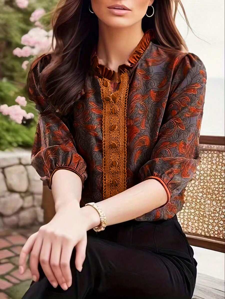 Mulberry Silk Printed Front Button Decor Puff Sleeve Blouse Vacation Summer - Multicolor - View 1