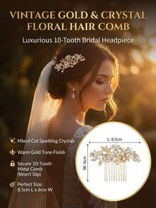 1件复古水晶花朵发梳，闪亮水钻10齿金属新娘发夹，优雅婚礼派对女士发饰 - 彩色 - 查看 12
