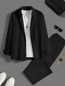 2pcs Plus Size Men's Casual Loose Knit Shirt Set, Comfortable Outfit For Daily Wear - Black - View 3