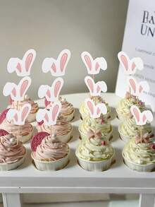12pcs Pink Glitter Bunny Ear Shaped Easter Egg Cake Toppers, Children's Birthday Party, Baby Shower Party Supplies - Multicolor - View 4