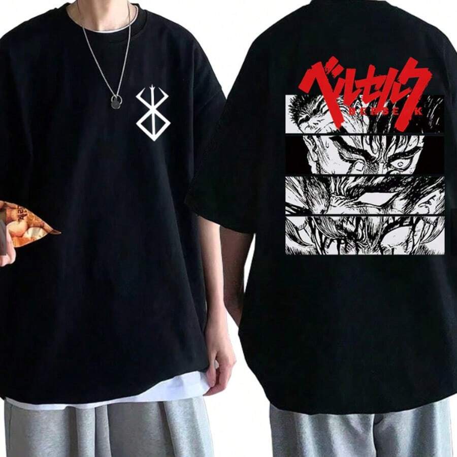 Oversized Cotton Anime  Guts Streetwear Unisex T-Shirt - 黑6 - 查看 1