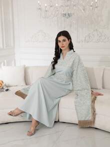 2026 New Style Ramadan Traditional Elegant Embroidered Arabic Women's Dress With Tassel Cuffs, Small Stand Collar And V-Neck, Fashion Luxury Creative - Green - View 9