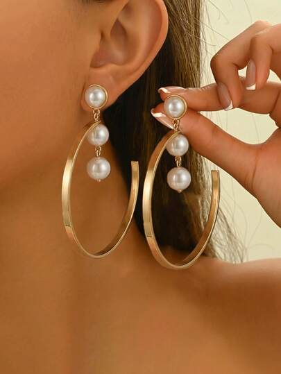 1pc Spring/Summer Geometric Circle Faux Pearl Fashionable Exaggerated Women's Earrings, Elegant Jewelry For Daily, Holiday, Casual, Party, Banquet Wear