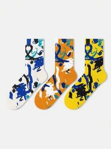 1/3 paire Chaussettes d'équipage en coton peigné décontractées unisexes pour couple, motif ligne de graffiti couleur contrastée et art abstrait. Convient pour les voyages, la maison, le bureau, les cadeaux de fête - Multicolore - Voir 12